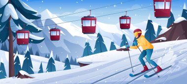Kış dağı manzarası. Kayakçı adamla kayak merkezinin vektör çizimi, karlı tepeler, çam ağaçları, kayak pisti, funiküler, snowboard. Açık havada tatil aktivitesi. Kış kayağı ve snowboard sporu