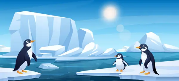 Buzdağında yüzen penguenlerle kutup manzarası. Karlı kuzey kutup doğasının yatay temsili. Okyanus, buzullar, penguenler. Soğuk, derin sularda yüzen buz. Küresel ısınma kavramı