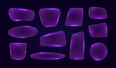 Neon cam çerçeve. Cam çerçevelerden oluşan vektör seti, farklı şekillere sahip fütüristik HUD ışığı, yuvarlak, dikdörtgen, kare ve oval, parlak efektli. Web tasarımı, oyun, uygulama ve arayüz için parlaklık sınırı