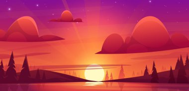 Yaz gölü manzarası. Çam ağaçları, tarlalar, göl, güneş ve güzel gökyüzü ile nehrin yanında gün batımının vektör çizimi. Sihirli bir güneşin doğuşu ya da batışının doğası. ui, oyun için kırsal manzara