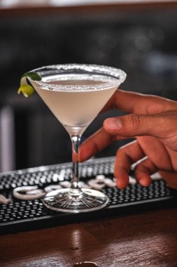 Bir bardak lichee martinisi tutan bir el zarif içkisini narin süsleriyle gösteriyor.