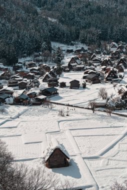 Kışın Gokayama ve Shirakawa 'da Karla Kaplanmış Gu Stili Evler