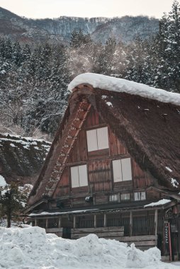 Kışın Gokayama ve Shirakawa 'da Karla Kaplanmış Gu Stili Evler