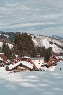 Kışın Gokayama ve Shirakawa 'da Karla Kaplanmış Gu Stili Evler