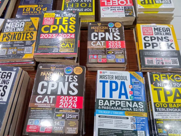 Stock image Surabaya, July 24, 2024. CPNS and PPPK test preparation books at a bookstore