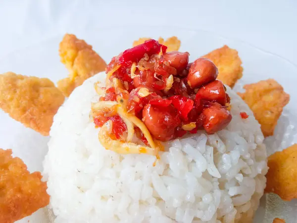 stock image Fried tofu side dish rice isolate on white. balado anchovies and peanuts