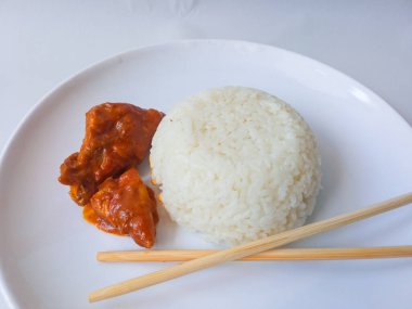 pirinç ve Padang rendang tavuk yan yemeği beyaz tabakta yalıtılmış.