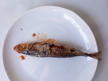 Kızarmış ton balığı ve biber sosu, beyaz tabakta izole edilmiş.