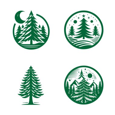 Beyaz arkaplanda yeşil çam ağacı simgeleri