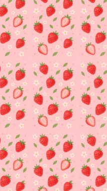 Yumuşak pembe pastel arka planda sulu el boyalı çilekler, narin beyaz çiçekler ve taze yeşil yapraklar içeren tuhaf, pürüzsüz bir desen. Tekstil, kırtasiye ve duvar kağıtları için mükemmel..