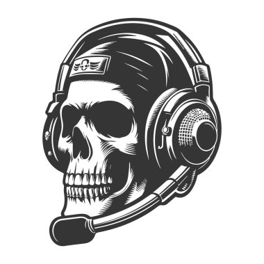 Skull with headset design illustration. Head of character in headphones. clipart