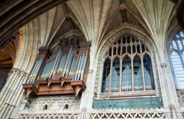 Lichfield Katedrali, Staffordshire, İngiltere 'deki organ borularına bakıyorum.