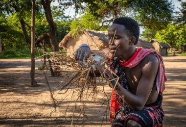 A Maasai warrior blows to start fire by friction after rubbing sticks together  in a village in Mikumi, Tanzania. clipart