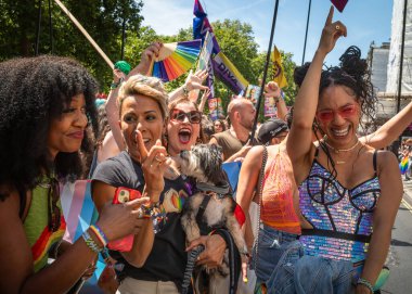 Londra / İngiltere - 29 Haziran 2024: Lezbiyenler ve yıllık Londra Onur Yürüyüşü 'nde bir köpek partisi. Kutlama, LGBTQ + topluluklarından insanları bir araya getiriyor.