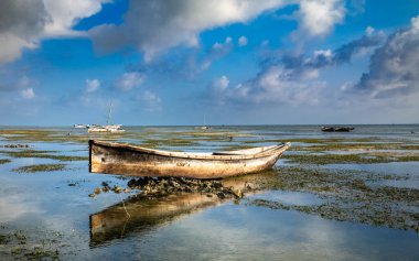 Geleneksel ahşap dhow tekneleri Jambiani, Zanzibar, Tanzanya 'da dalgaların çekildiği sahilde