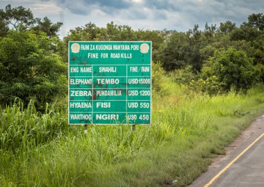 A7 otoyolunun kenarındaki Tanzanya 'daki Mikumi Ulusal Parkı' ndan geçen bir tabela belirli vahşi hayvanlara uygulanan cezaları gösteriyor..