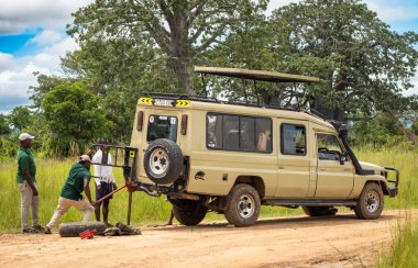 Turistler Tanzanya 'daki Mikumi Ulusal Parkı' ndaki safari alanlarında beklerken bir 4x4 kruvazörü kaldırıyor.