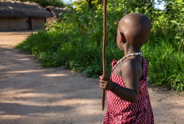 Shuka giymiş genç bir Maasai çocuğu Tanzanya 'nın Mikumi şehrinde tarlasında yürüyor.