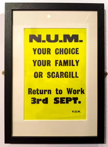 stock image A poster from the 1984 Miner's Strike on display at the National Coal Mining Museum for England, in Overton, Wakefield, West Yorkshire, UK.