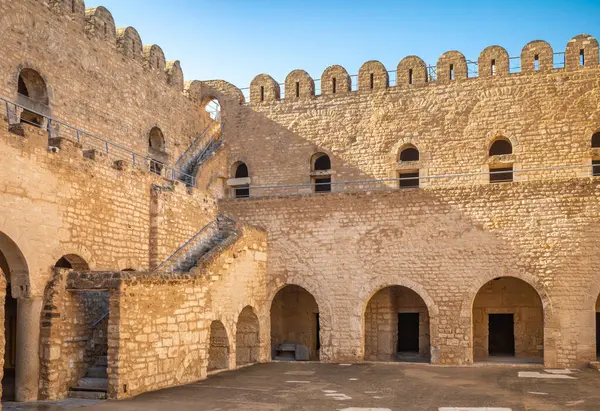 stock image The interior and the imposing walls and ramparts of the 8th century religious fortress, the Ribat of Sousse in Tunisia. It is a UNESCO World Heritage Site.