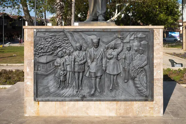 stock image A bronze plaque on the front plinth of a statue to the revered founder of modern Turkey (Turkiye) Mustafa Kamal Ataturk (1881-1938)