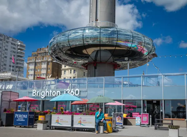 stock image The base of the Brighton i360 vertical viewing tower and platform seen from the beach at Brighton, East Sussex, UK