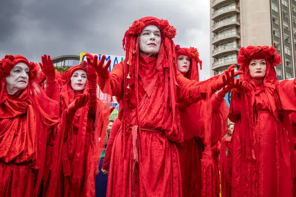 Stock image London / UK - Jun 22 2024: Red Rebel Brigade climate activists at the Restore Nature Now march for environmental protections. Organisations including the RSPB, WWF,  National Trust, Extinction Rebellion and others united to call