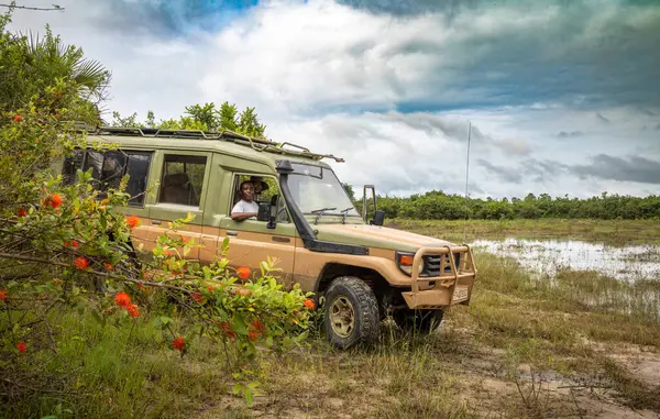 stock image A 4-wheel drive vehicle takes a tourist on safari searching for animals inside Nyerere National Park (Selous Game Reserve) in Tanzania.