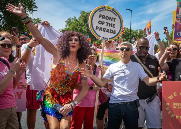 stock image London / UK - Jun 29 2024: London mayor Sadiq Khan at the start of the  annual Pride in London parade. The celebration brings together people from LGBTQ+ communities.