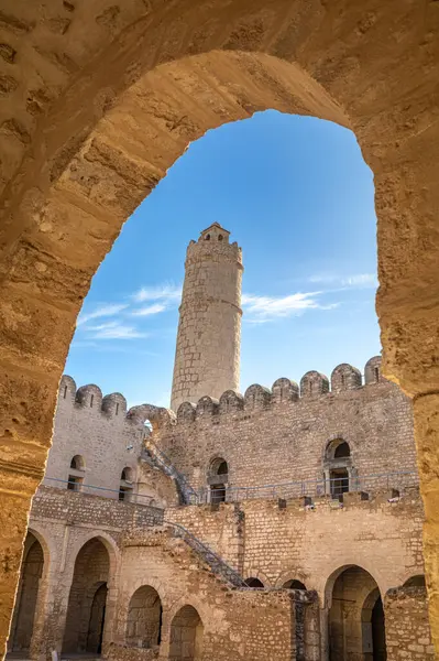 stock image The interior and the mposing walls, ramparts and tower of the 8th century religious fortress, the Ribat of Sousse in Tunisia. It is a UNESCO World Heritage Site.