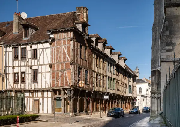 stock image A row of well preserved traditional ancient medieval houses next to the cathedral in Troyes, Aube, France.