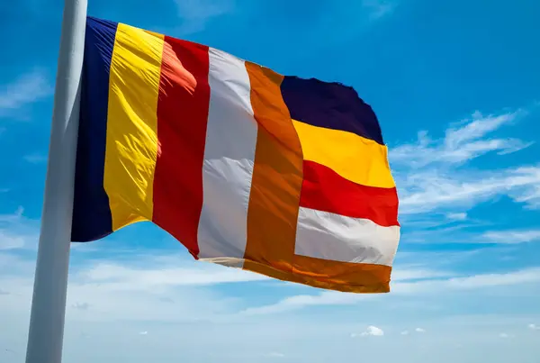 stock image The Buddhist flag flies over Oudong Temple, Kandal Province, Cambodia.