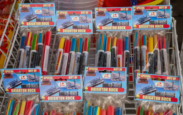 stock image Sticks of traditional multi-coloured Brighton rock candy for sale at a tourist shop on the south coast at Brighton, Eat Sussex, UK