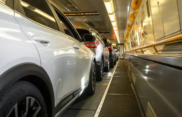 stock image Passengers cars loaded onto the Eurotunnel train known as Le Shuttle using the Channel Tunnel from Folkestone in the UK to Calais in France.