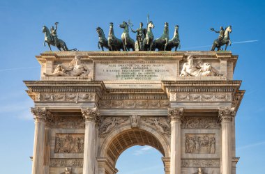 Details on the triumphal arch known as Arco della Pace, or the Arch of Peace, Milan, Lombardy, Italy. clipart