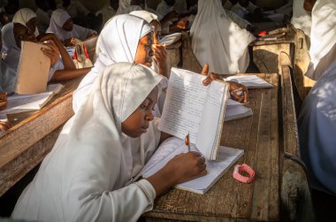 Jambiani, Zanzibar, Tanzanya 'daki Jambiani Ortaokulu' nda İngilizce dersinde Müslüman bir kız ve diğer erkek ve kadın öğrenciler..