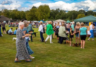 İngiltere 'nin Batı Sussex kentindeki kalabalık Wisborough Green Village Festivali' nde iki yaşlı kadın balık ve patates kızartması tepsileriyle birlikte yürüyor..