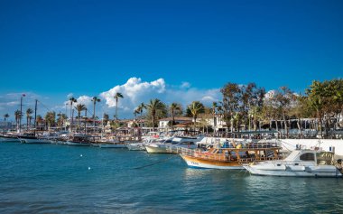 Pleasure boats moored at the quayside in the harbour at the Old Town of Side in Antalya Province, Turkey (Turkiye) clipart