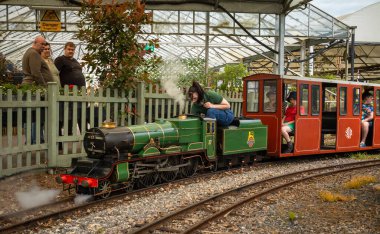 Bir gönüllü, South Downs Light Railway, Pulborough, İngiltere 'de Demiryolu Minyatür Lokomotifi ve arabalarını kullanıyor.