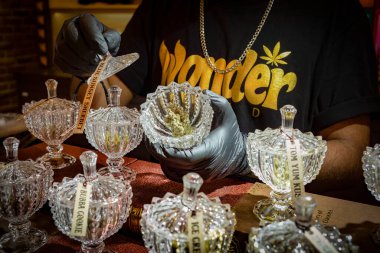 A shop assistant shows a jar containing the cannabis variety Blue Sunset Sherbert in a legal marijuana shop called wonderland on Sukhumvit Road in Bangkok, Thailand clipart