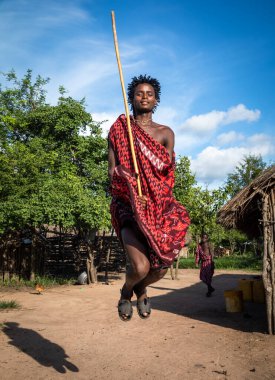 Genç bir Masai savaşçısı Tanzanya 'nın Mikumi kasabasında geleneksel zıplama dansını yapıyor.