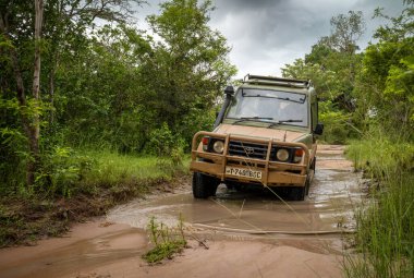 Tanzanya 'daki Nyerere Ulusal Parkı' ndaki (Selous Game Reserve) safaride sel baskınında bir araç sürüyor.