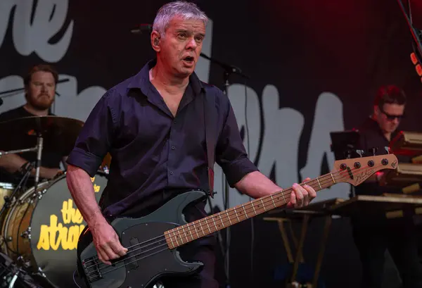 stock image Guildford / UK - Jun 29 2024: Original band member Jean-Jacques Burnel performs with The Stranglers at Guilfest music festival, Guildford, Surrey, UK.