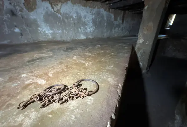Eski Köle Pazarı, Taş Şehir, Zanzibar, Tanzanya 'da 50 köle için bir yeraltı hapishanesinde kelepçeler..