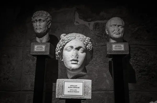 stock image Three carved stone marble Roman heads dating from 2nd - 4th century AD, heads on display in Side Museum, Antalya Province, Turkey (Turkiye)