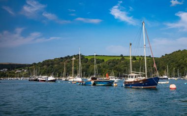 Yatlar ve eğlence tekneleri Dartmouth, Devon, İngiltere, İngiltere yakınlarındaki Dart Nehri 'nde kayan tepelerin yanında demirlediler..