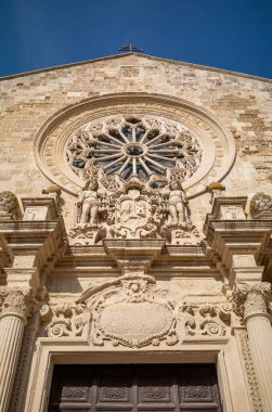 Roma Otranto Katedrali 'nin önündeki gül penceresine bakıyorum. Katolik bazilikası 11. yüzyıla dayanıyor ve İtalya 'nın Otrano, Apulia kentinde bulunuyor..