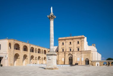 The 1789 Column of St Peter in the courtyard of the Basilica Santa Maria Finibus Terrae, Santa Maria di Leuca, Lecce province, Apulia, Italy. The column commemorates the visit of Pope Pius VI pilgrimage to the site in 1789.. clipart