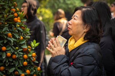 Vietnamlı bir Budist kadın geleneksel adaklar için para tutuyor ve yeni ayın ilk gününde ya da Vietnam, Hanoi 'de Tet' de antik Tran Quoc tapınağına dua ediyor..