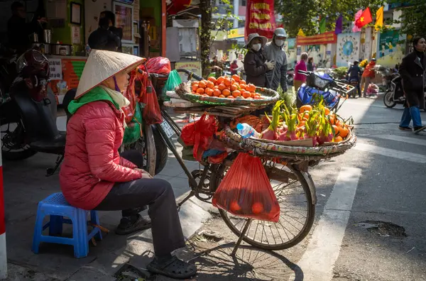 Bisikletli bir kadın sokak satıcısı Chau Long Market, Hanoi, Vietnam 'ın dışında meyve dolu düz sepetler taşıyor..